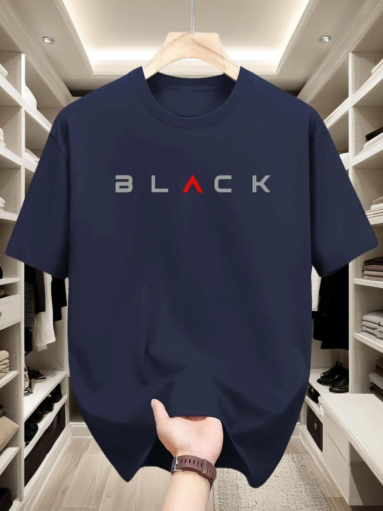 Spring and Summer Mens Clothing Cotton Fashion Casual Loose Black Letter Pattern Printed Round Neck Short Sleeved Tshirt Top