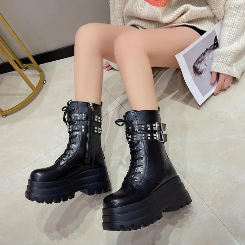 Fashion 9CM High Platform Warm Ankle Boots Women Autumn Winter Non Slip Combat Punk Fur Shoes Woman Buckle Leather Motorcycle Boots 2024