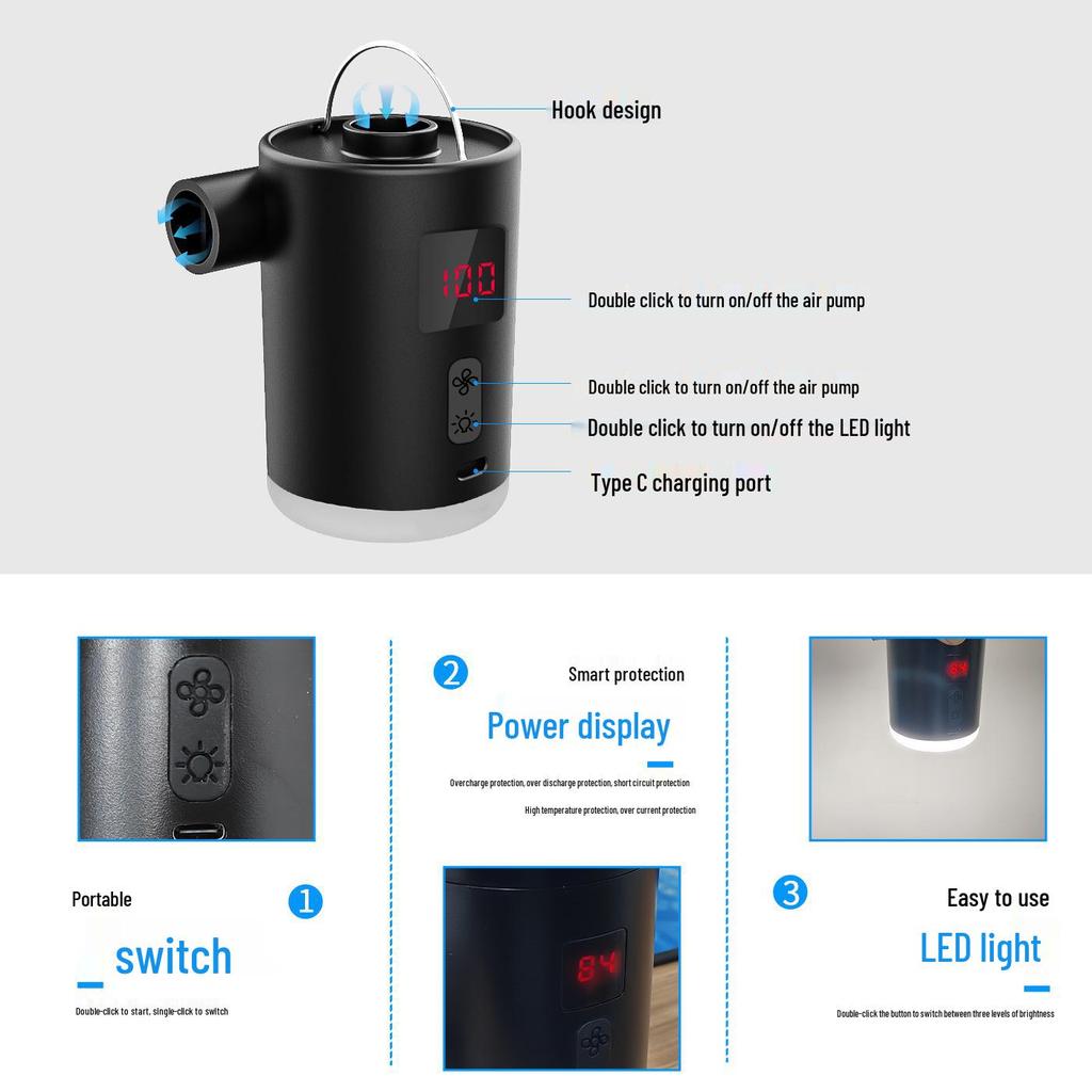 Przenośna elektryczna pompka do pompowania z oświetleniem do materacy powietrznych, kół do pływania i sof