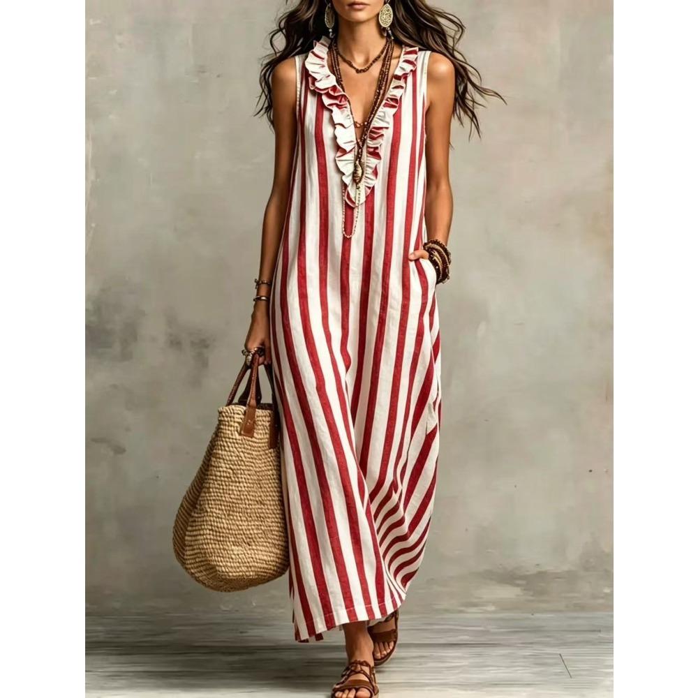 Women s V Neck Ruffle Trim Sleeveless Striped Linen Blend Maxi Dress with Pockets S красный