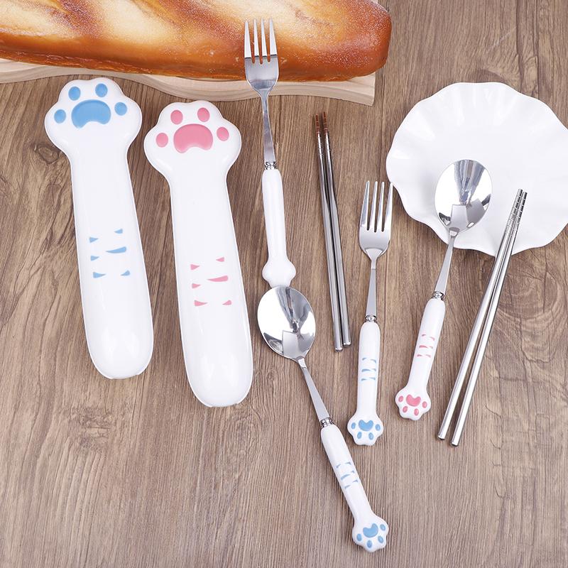 Cartoon Cat Claw Stainless Steel Spoon And Fork Set Spoon Chopstick Cutlery Student Outdoor Camping Portable Kitchen Accessories