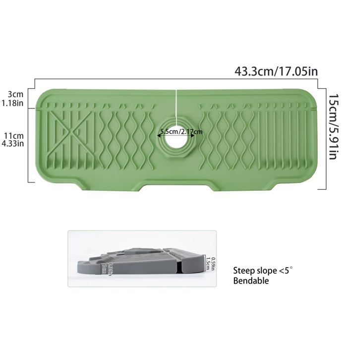 Tapis de robinet - AIMOONSA - 43,3x15 cm - Silicone alimentaire - Trou 3,1–5,5 cm - Vert