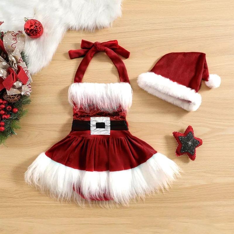 

Новый Рождественский Костюм Санта Клауса Короткая Юбка Детское Рождественское Платье Золотой Бархат 2XL（100cm） красный