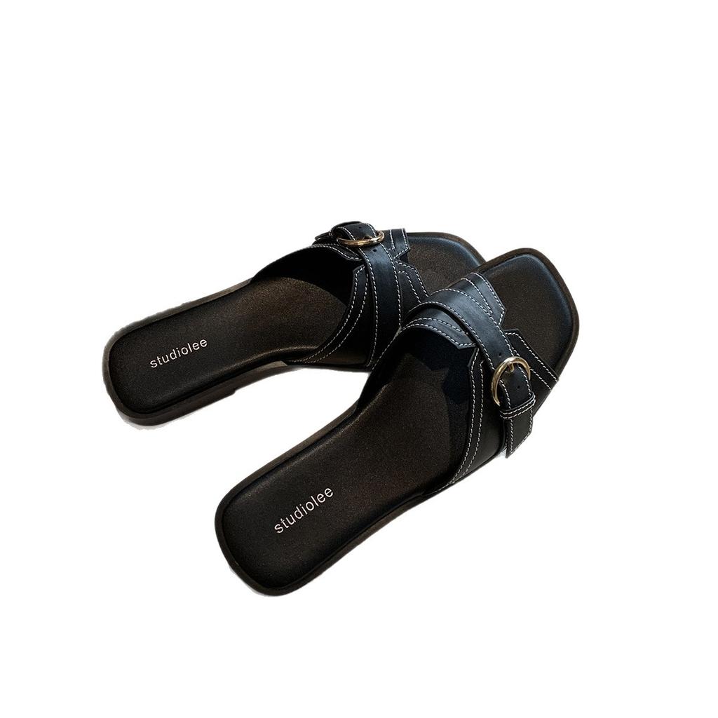 Grape mother same retro diagonal cut square head bright line belt buckle flat-bottomed slippers casual versatile low-heeled cool slippers women