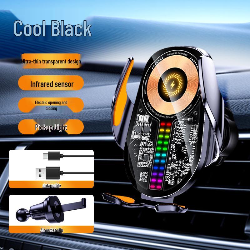 Q6 RGB Sound-Reactive Wireless Charging Car Phone Holder with Foldable Screen and Unobstructed Lens Design