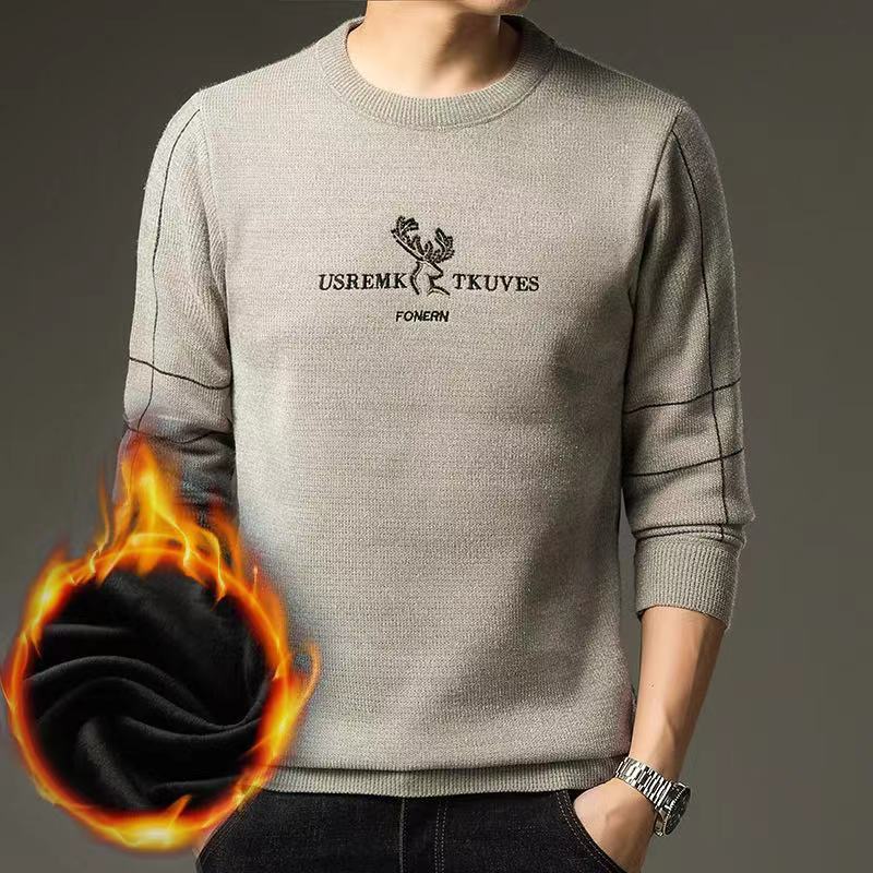 New Winter Velvet Warm Sweater for Men Thickened Chenille Middle-aged Men's Round Neck Knitted Bottoming Shirt for Men