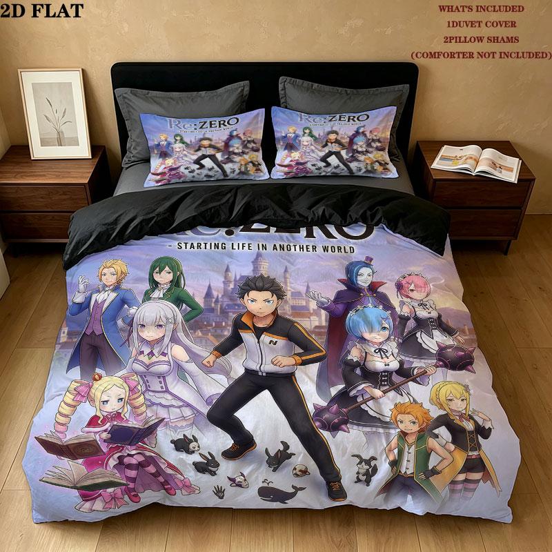 Set Copripiumino Trapuntato con Fantasia Re Zero Federa Regalo di Compleanno per la Casa(1 * copripiumino + 2 * federa, senza nucleo)