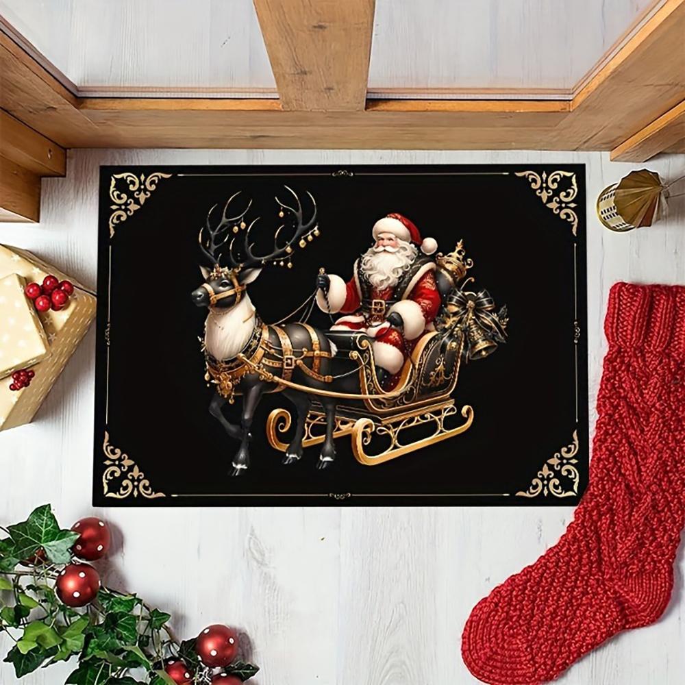 

1pc Shiny Gold Reindeer Christmas Mat , Holiday indoor and outdoor rear front door welcome mat winter door mat. 40x60cm