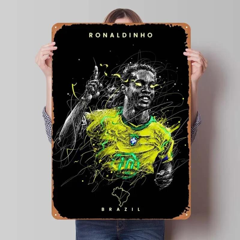 Ronaldinho Sign Sportposter Metall Wandkunst von Wandmalereien Vintage Metall Blechschild Plakette für Wandkunst Dekoration Man Cave Retro Zuhause
