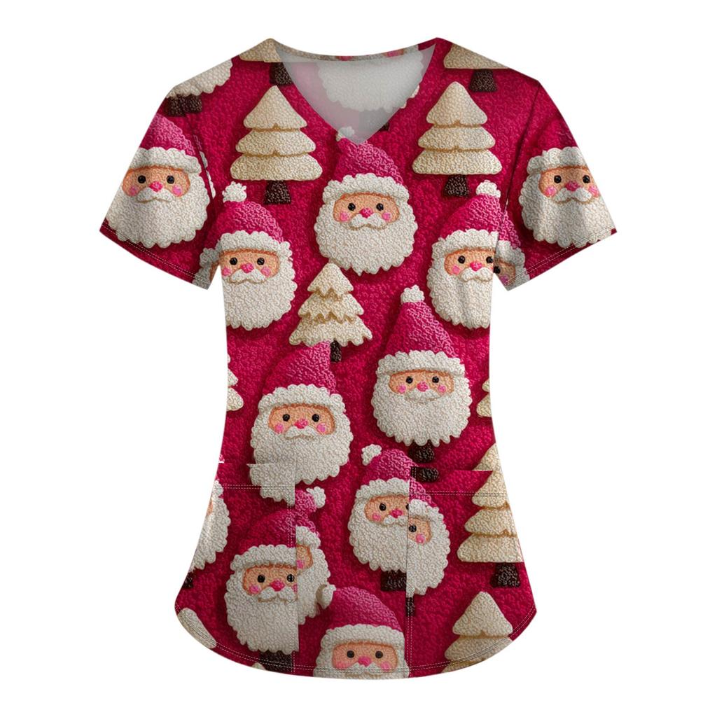 Women's Christmas Printing Short Sleeve V-neck Tops Working Pocket Blouse