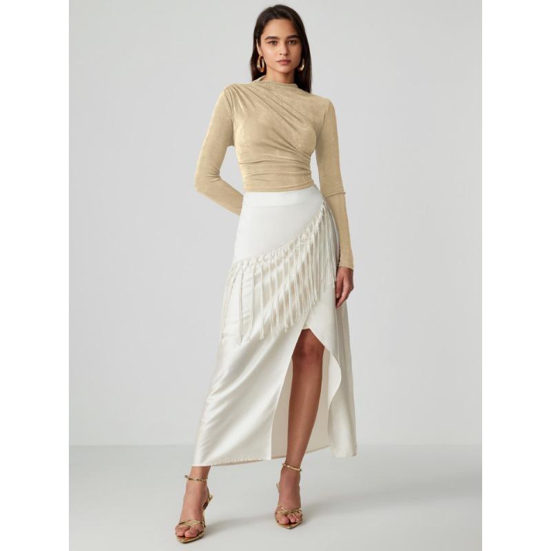 Autumn and Winter Slim Pullover Half High Neck Velvet Pleated Long Sleeve Top