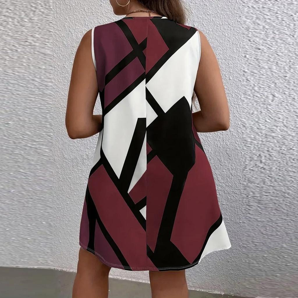 Dámské módní a ležérní tištěné šaty bez rukávů v barvě bloků ve velké velikosti