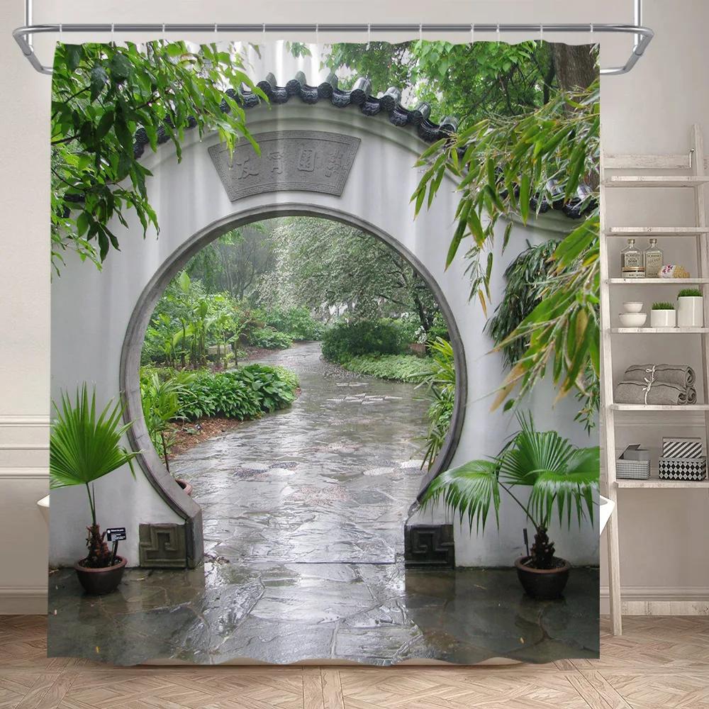 Fence Flowers Shower Curtains Blue Window Nature Floral Plants Scenery Modern Garden Wall Hanging Home Bathroom Decor with Hooks