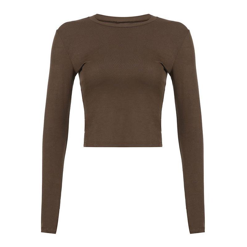 Women Casual Slim Fit Long Sleeve O-Neck T-shirts Tops Spring Fall Solid Color Tees with Thumb Holes Streetwear