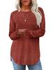 Women Ribbed Knit Long Sleeve Top Crew Neck Curved Hem Casual Fall Blouse