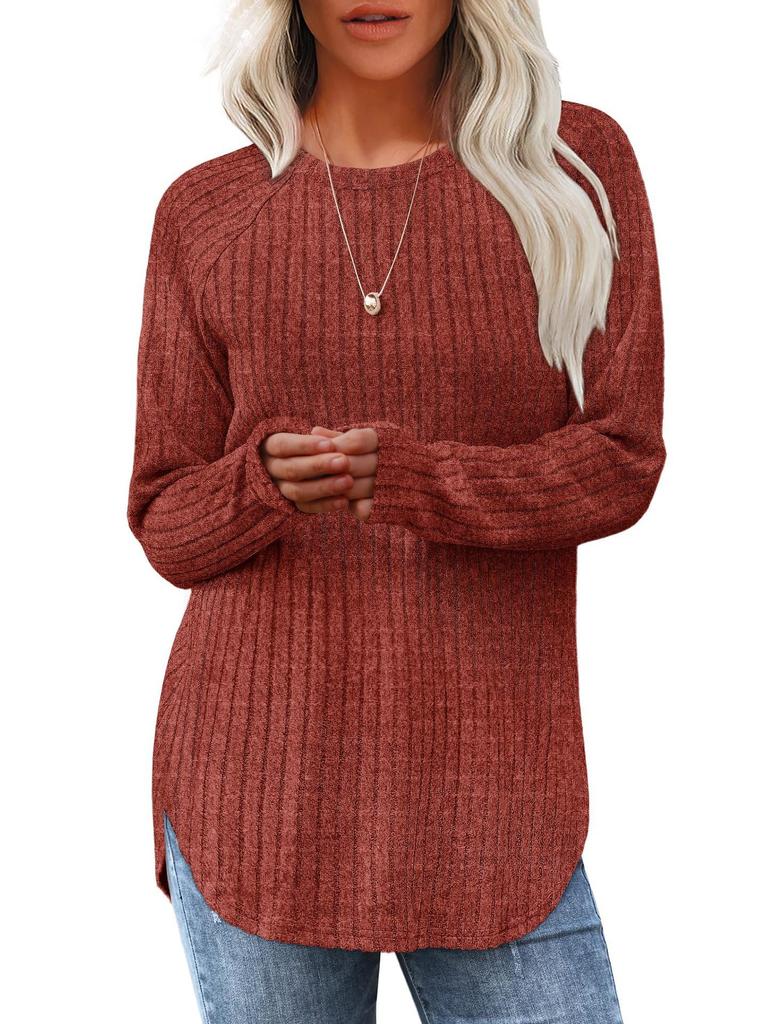 Women Ribbed Knit Long Sleeve Top Crew Neck Curved Hem Casual Fall Blouse