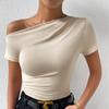 Spring and Summer Solid Colour Fashion Slim Drawstring Irregular Collar Short Sleeve T-Shirt Top