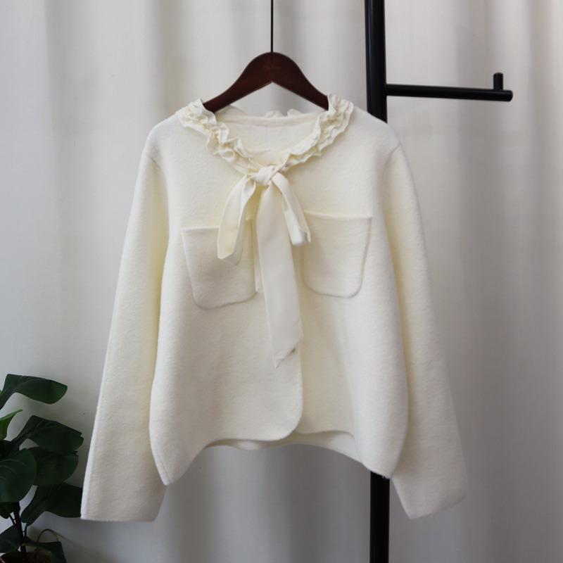 Autumn and Winter New Lace-up Bow Knitted Double-sided Cardigan Loose Temperament Sweater Jacket Women