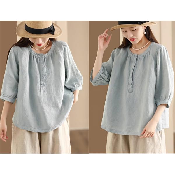 Blouse for Short Sleeve Cotton Linen Large Ruffle [Ailiyumo] Women, Shirt, Linen, Thin, Shirt, Size, Summer, Top, Sleeves, Natural, Cute, Everyday,