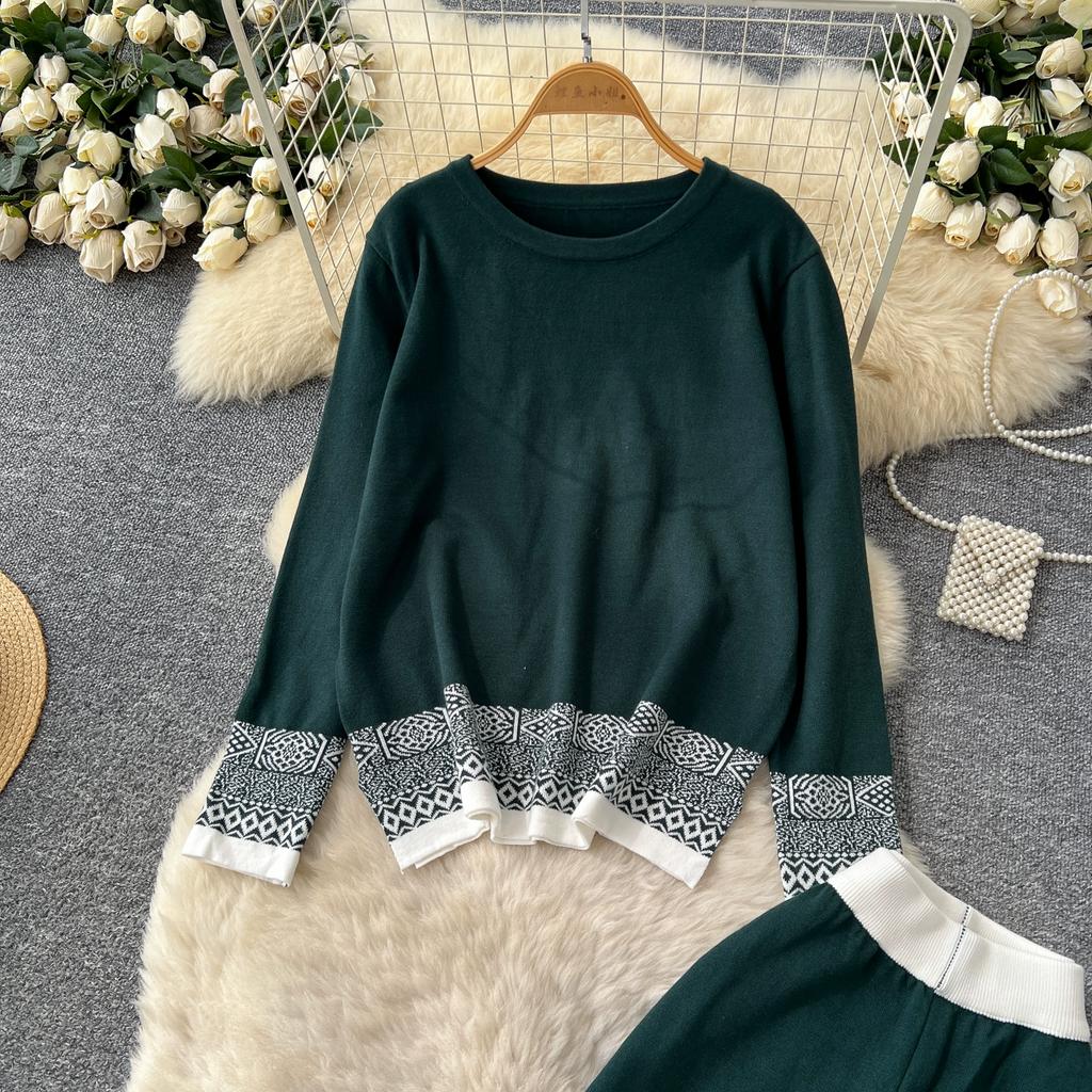 Autumn Winter Women Vintage Jacquard Knitted Sweater Trouser Two Piece Set Full Sleeve Pullover Tops and Wide Leg Pant Tracksuit