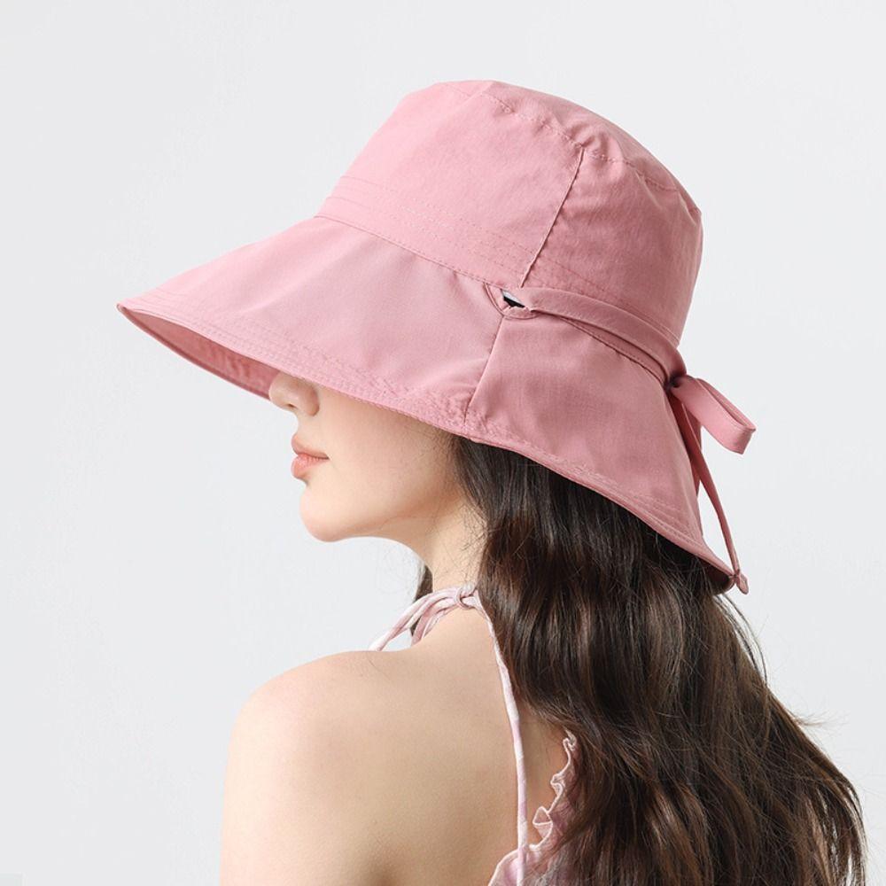 Solid Color Women Fisherman Hat Ribbon Sunshade Hat Casual Sunscreen Visor Cap  Ladies