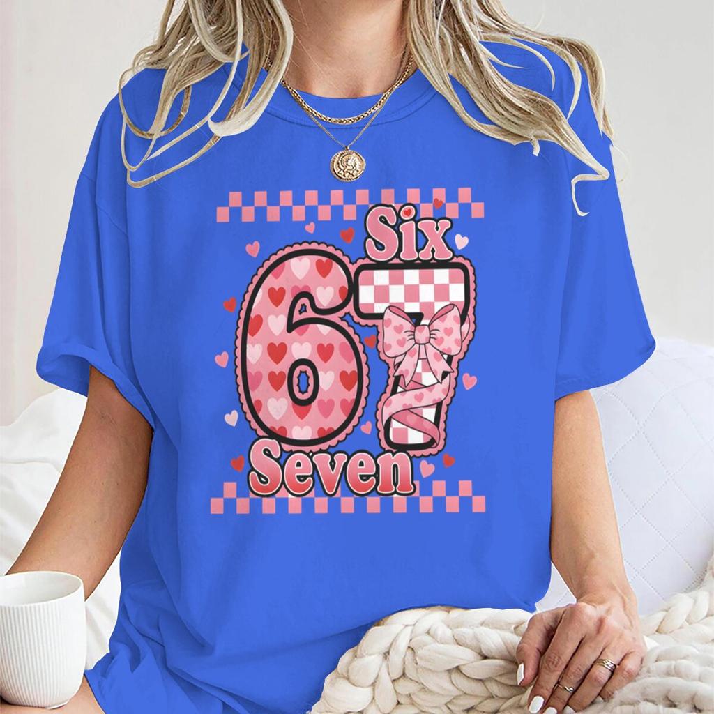 Vintage Grid Number 67 Sweet Coquette Bow Valentine's Day T-shirt Women Men Funny Six Seven Trend Y2K Tees Tops Gift