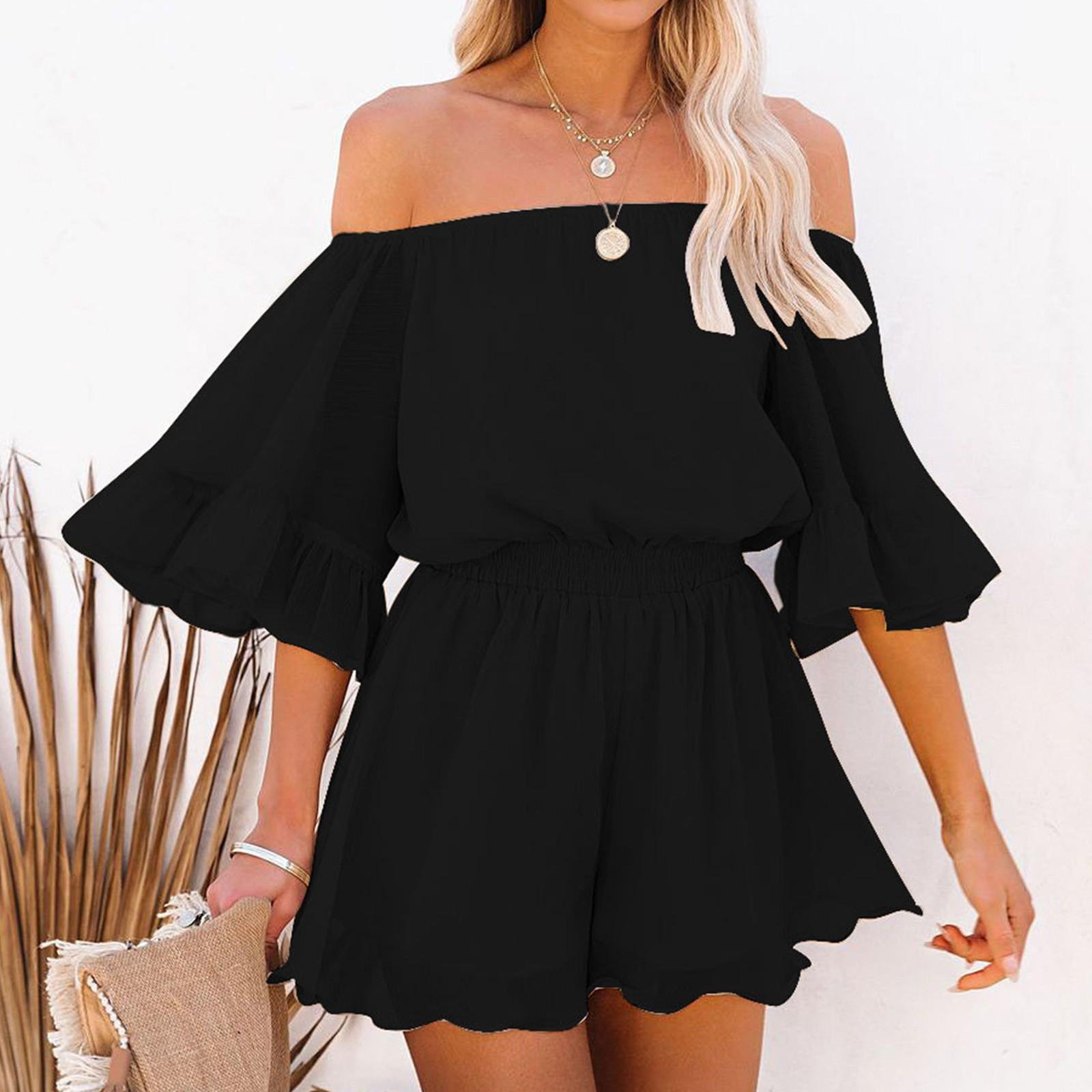 

Женский однотонный шифоновый комбинезон свободного кроя с короткими рукавами L чёрный