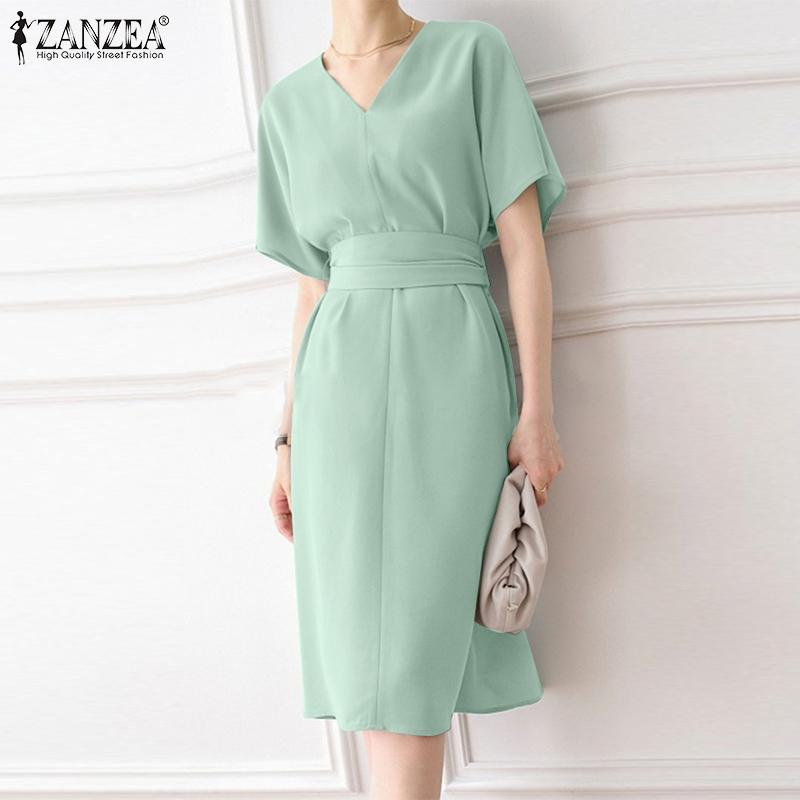 

ZANZEA женское летнее однотонное свободное платье с v-образным вырезом и коротким рукавом на талии