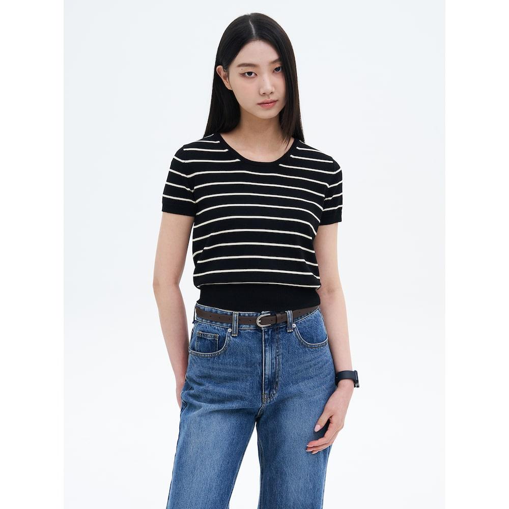 8SECONDS Ribbed Hem Striped Short Sleeve Pullover Black