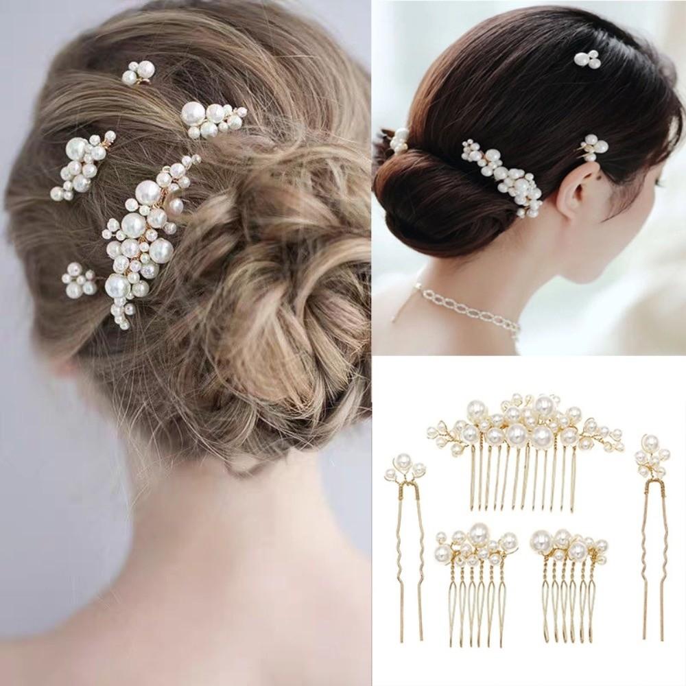 Gold Pearl Hair Comb Flower Wedding Headwear Luxury Hair Fork Headpiece