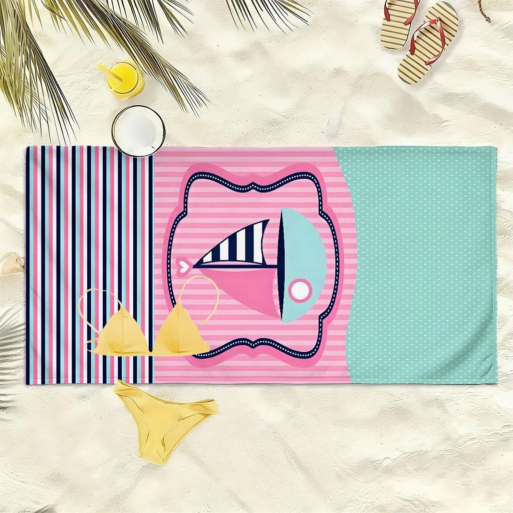 Sailboat with blue stripes pattern polyester microfiber beach towel is highly absorbent, suitable for swimming and beach outings