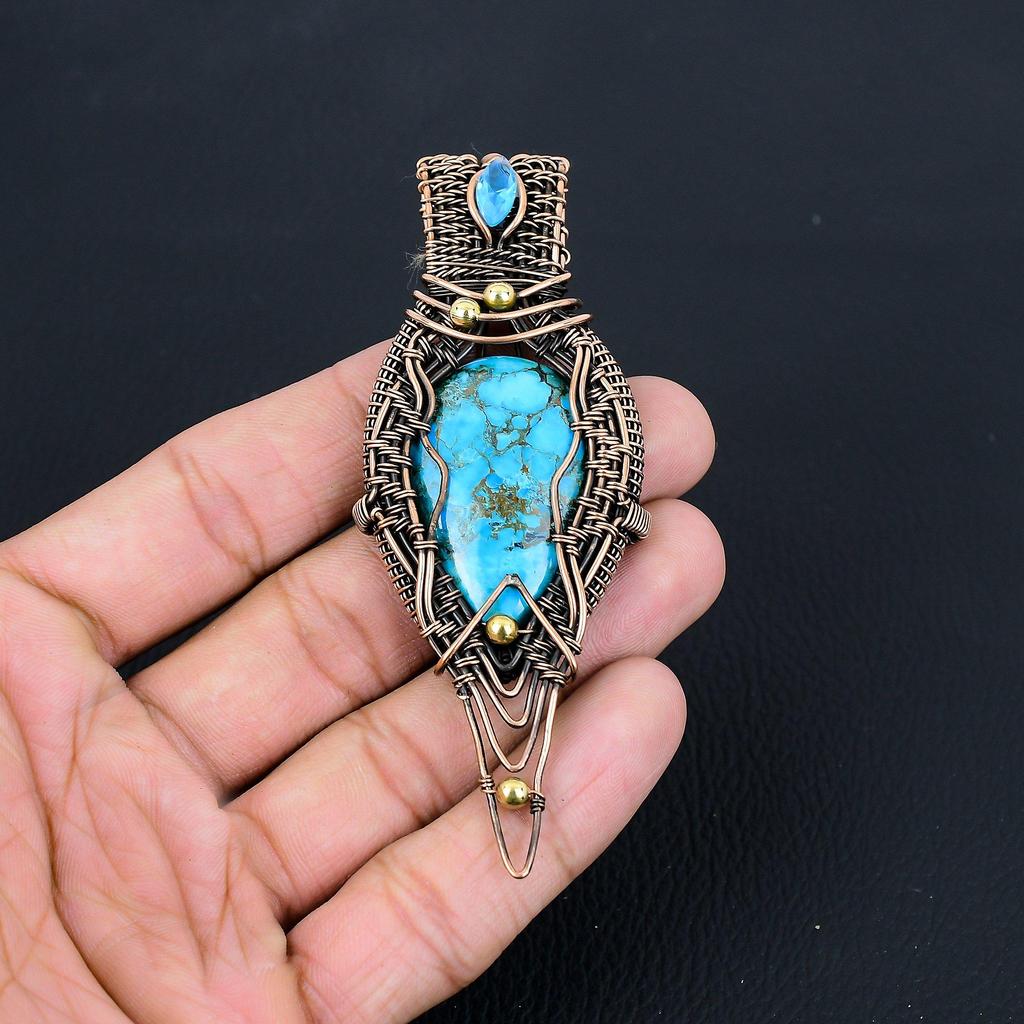 Turquoise Gemstone Pure Copper Wire Wrapped Handmade Pendant Jewelry For Her