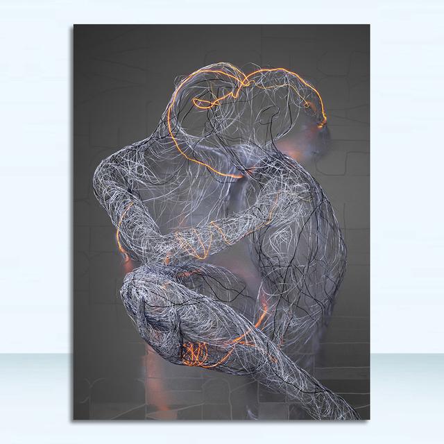 Metal Abstract Figure Statue Canvas Painting Poster and Prints Golden Portrait Sculpture Wall Picture for Living Room Home Decor