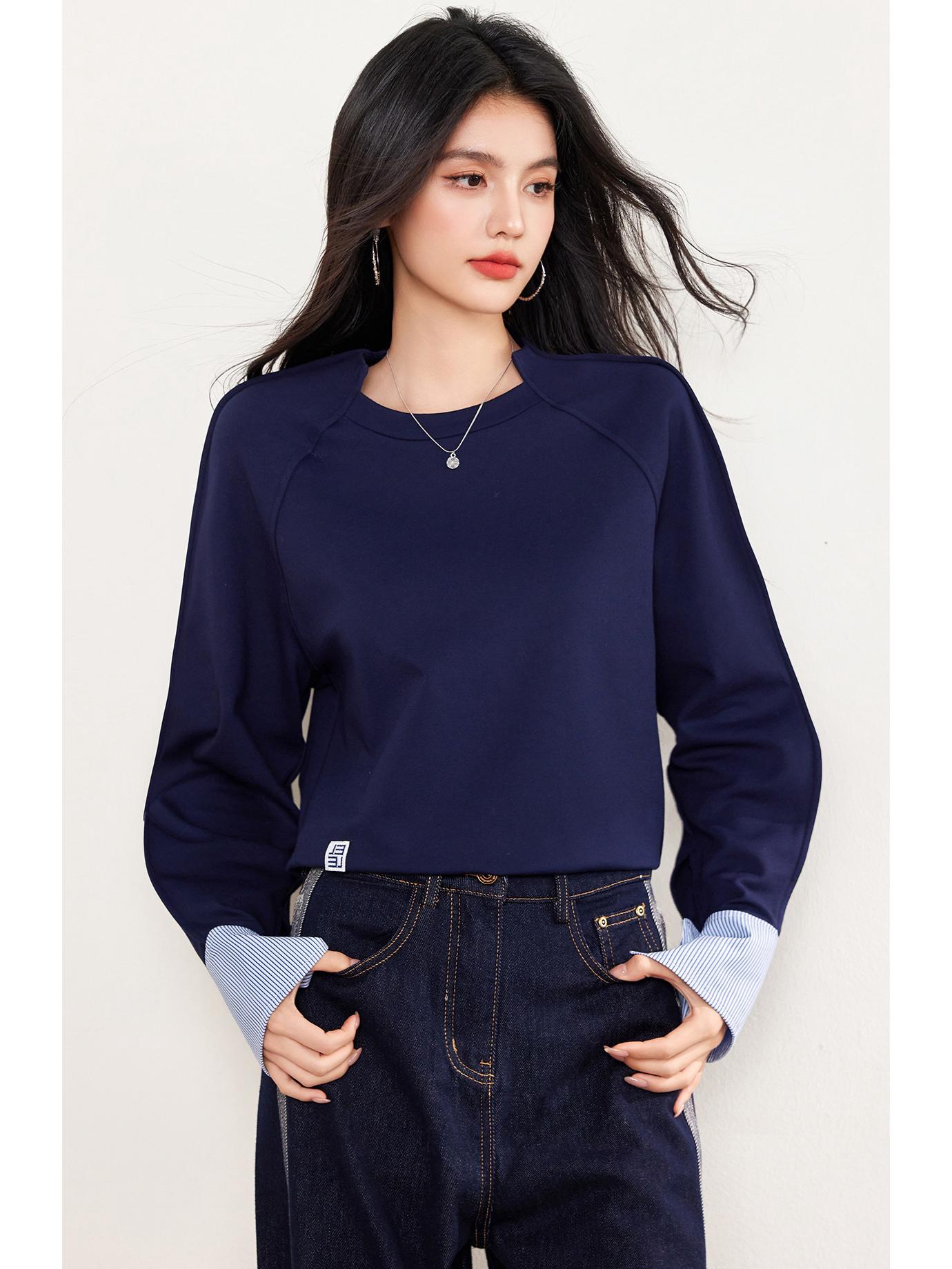 

French Spliced Colorblock Long Sleeve Sweatshirt for Women - 2025 Spring Slimming Top M темно-синий