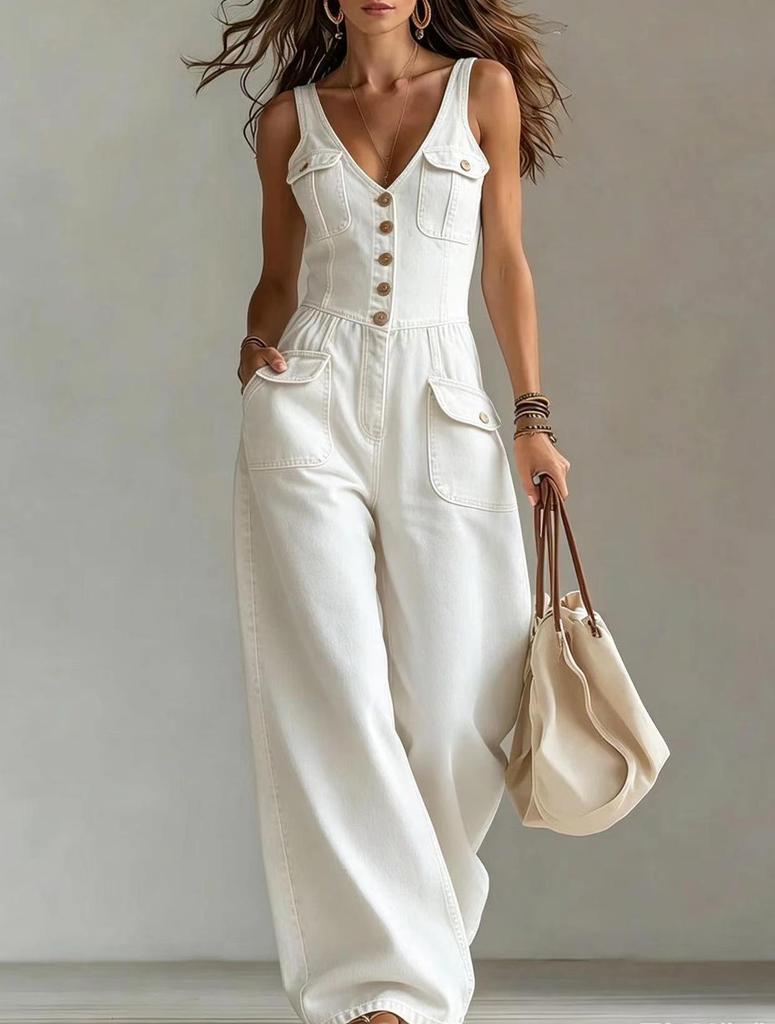 European & American Washed Denim Strappy Jumpsuit - Sleeveless, Tight Waist, Straight, Loose Fit