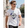 European sizes Everyday Comfort] Men's Compass Print Crew Neck T-Shirt - Breathable Polyester, Casual Street Style Short Sleeve Top