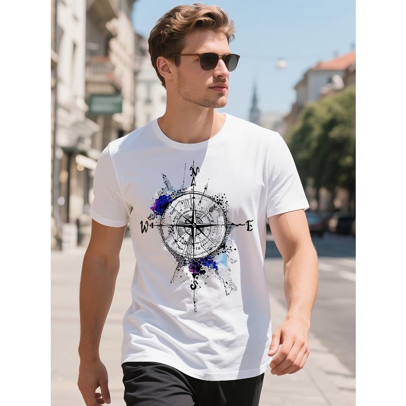 European sizes Everyday Comfort] Men's Compass Print Crew Neck T-Shirt - Breathable Polyester, Casual Street Style Short Sleeve Top
