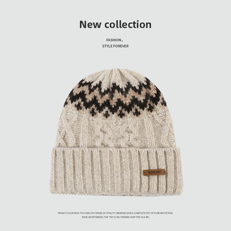 

Hat women s autumn and winter striped wool knitted hat retro warm jacquard big head circumference ear protection niche wool hat One size (55-58cm)