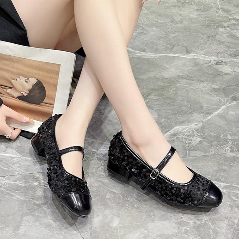 Designer Fashion Sequin Women Low Heel Mary Jane Shoes Plus Size Round Toe Spring Autumn Ladies Elegant Wedding Party Pumps
