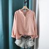 Koreanische Version des doppellagigen Baumwollgarn-bedruckten halb geöffneten V-Ausschnitt-Kurzarmshirts Damen Freizeit Locker Oberteil
