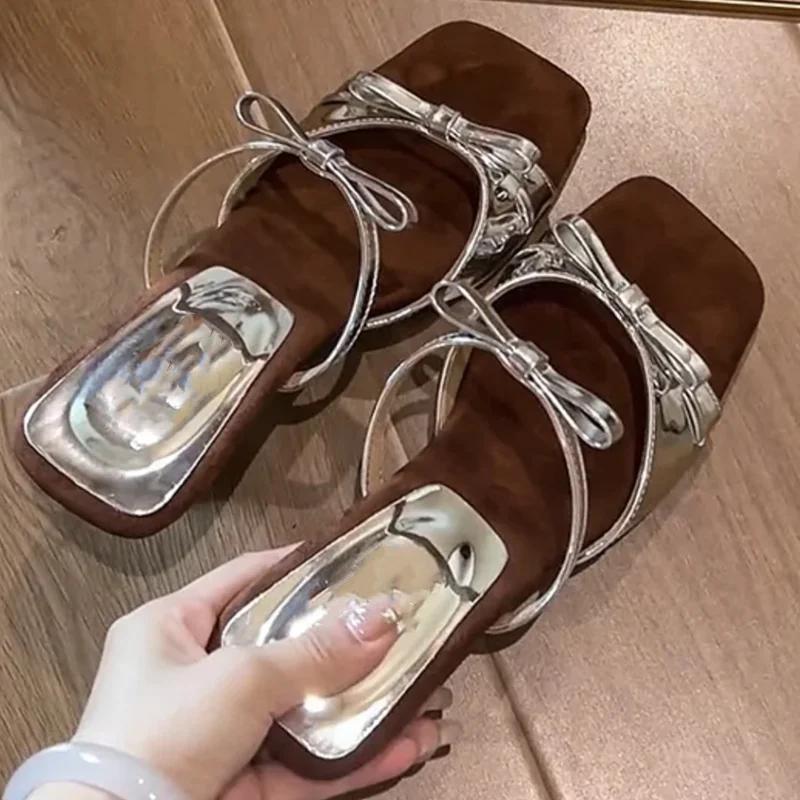 Fashion Butterfly-Knot Women Sandals Elastic Band Square Toe Wedges Mid Heel Female Shoes Sweet Designer Summer New Brand Concise Casual