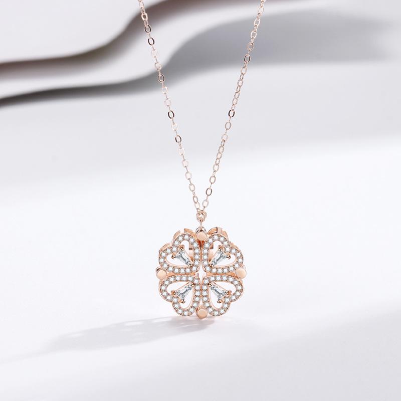 925 Sterling Silver Heart  Four-Leaf Clover Necklace - Versatile Clavicle Chain with Full Diamond for Women 925 Silver