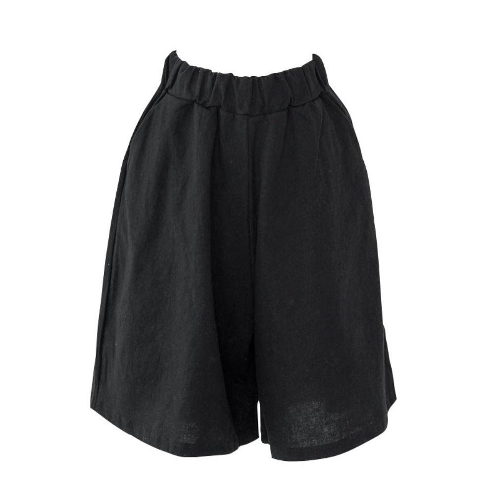 Fashion Elastic Waist Women Fifth Pants Linen Cotton Loose Casual Shorts Wide Leg Plus Size Knee Length Trousers Holiday