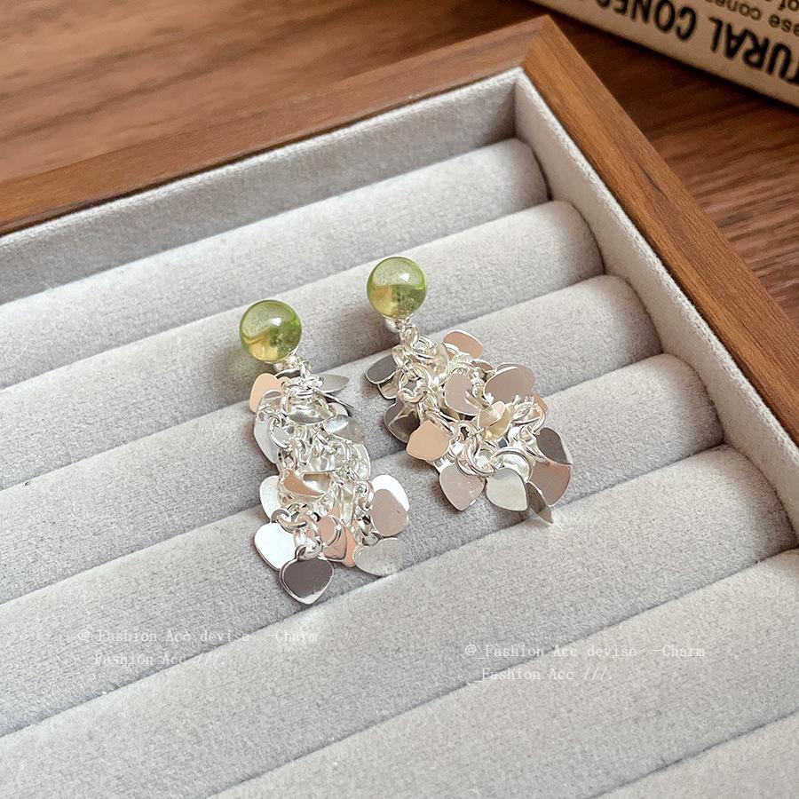 Silver Needle Resin Love Fringed Stud Earrings Fresh and Sweet Temperament Earrings Women's Fashion Versatile Earrings Design Sense Niche