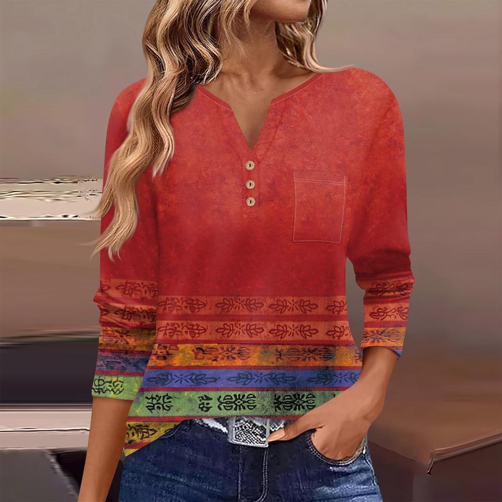 Damen T-Shirt mit Knopfleiste, langärmelig, für den Alltag und das Wochenende, Basic, V-Ausschnitt, normales Oberteil mit Tasche