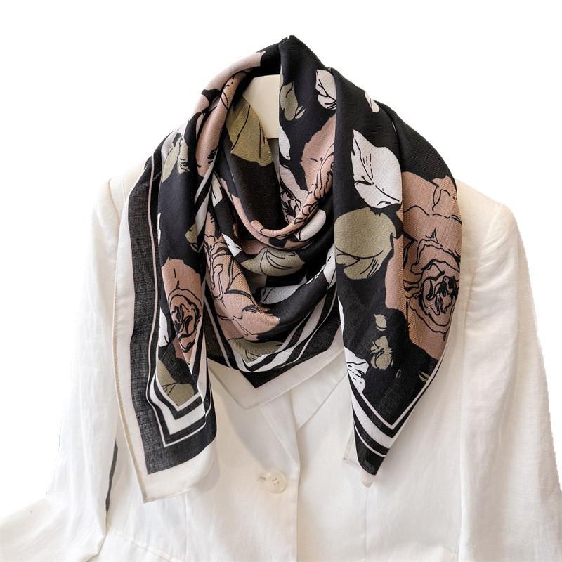 Satin Square Scarf Women Muslim Hijab 2026 Flower Print Silk Neckerchief Shawl Wraps Headband Handle Hair Bag Ribbon Bandana