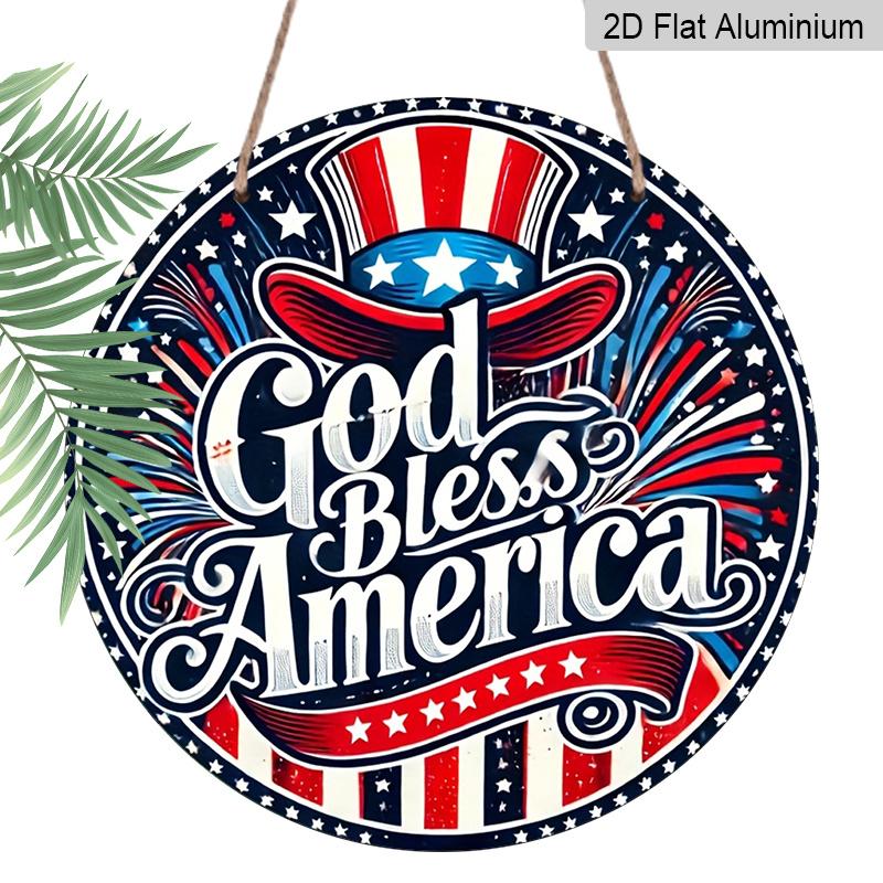 2D Flat, 1pc Round Aluminum Hanging Sign -  God Bless America  Patriotic Metal Wall Art, Uncle Sam Hat & Fireworks Design, Perfect for 4th of July 7.87x7.87inch