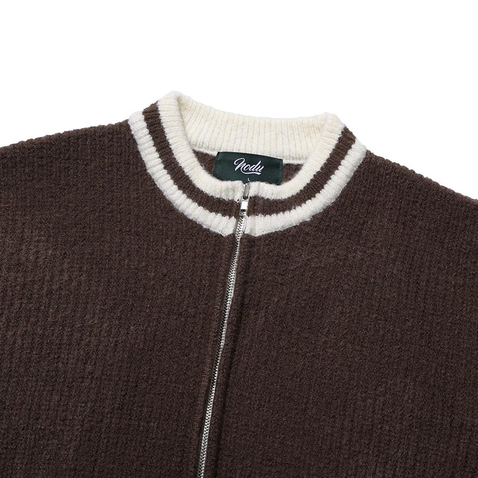 NODU Varsity Color Block Two-Way Round Zip-Up Knit Jacket [Brown]