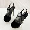 Runway Fashion Peep Toe 17CM Stiletto Shoes Women Sexy Crystal Rhinestone Mesh Ladies Platform High Heels Sandals Black