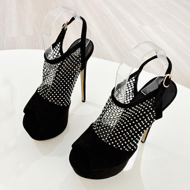 Runway Fashion Peep Toe 17CM Stiletto Shoes Women Sexy Crystal Rhinestone Mesh Ladies Platform High Heels Sandals Black